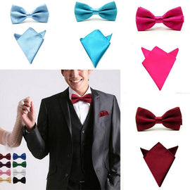 Solid Colored Self Tie Men's Bow Ties and Pocket Handkerchief Set